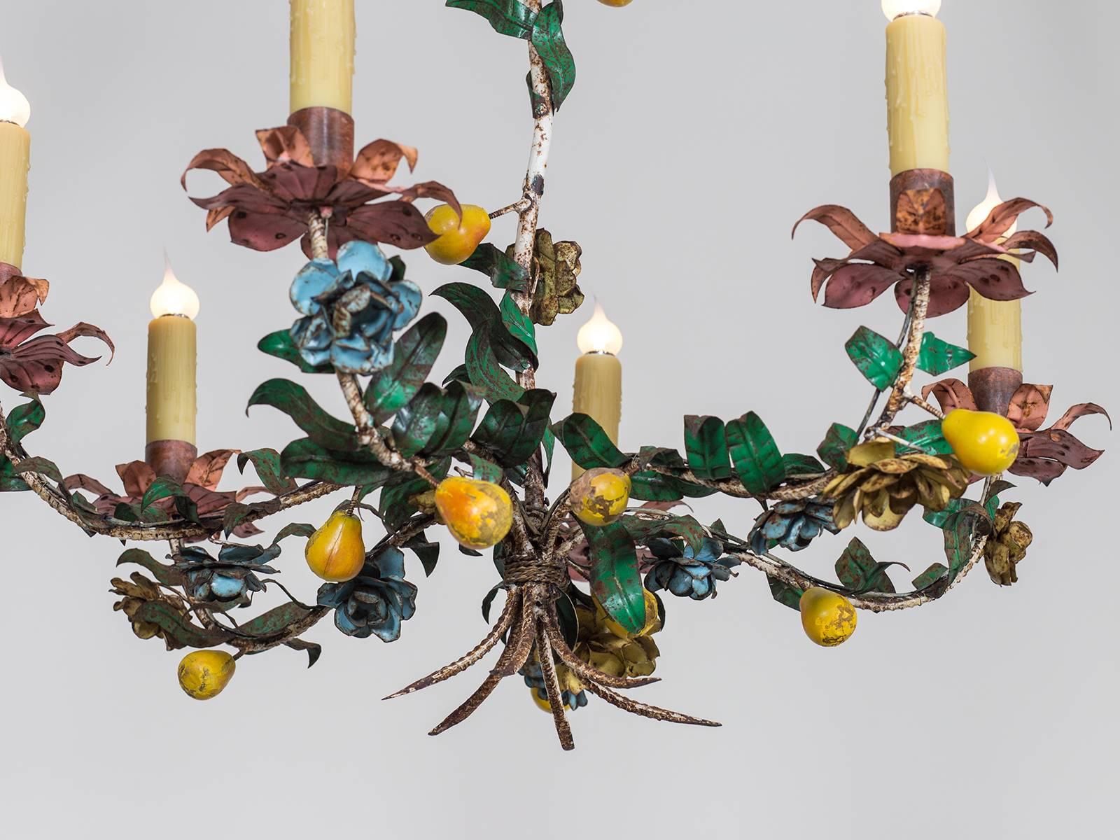Hand-Crafted Whimsical Vintage Italian Tole Chandelier, circa 1920