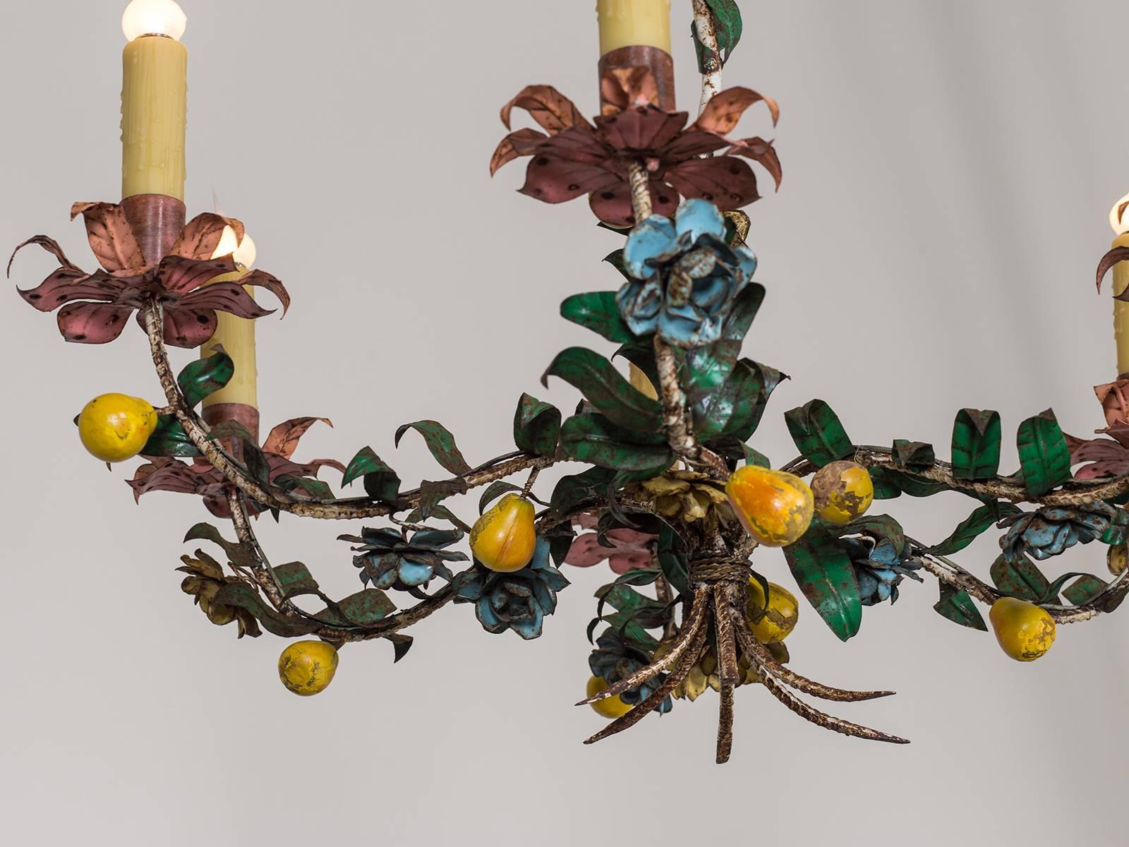 Whimsical Vintage Italian Tole Chandelier, circa 1920 In Excellent Condition In Houston, TX