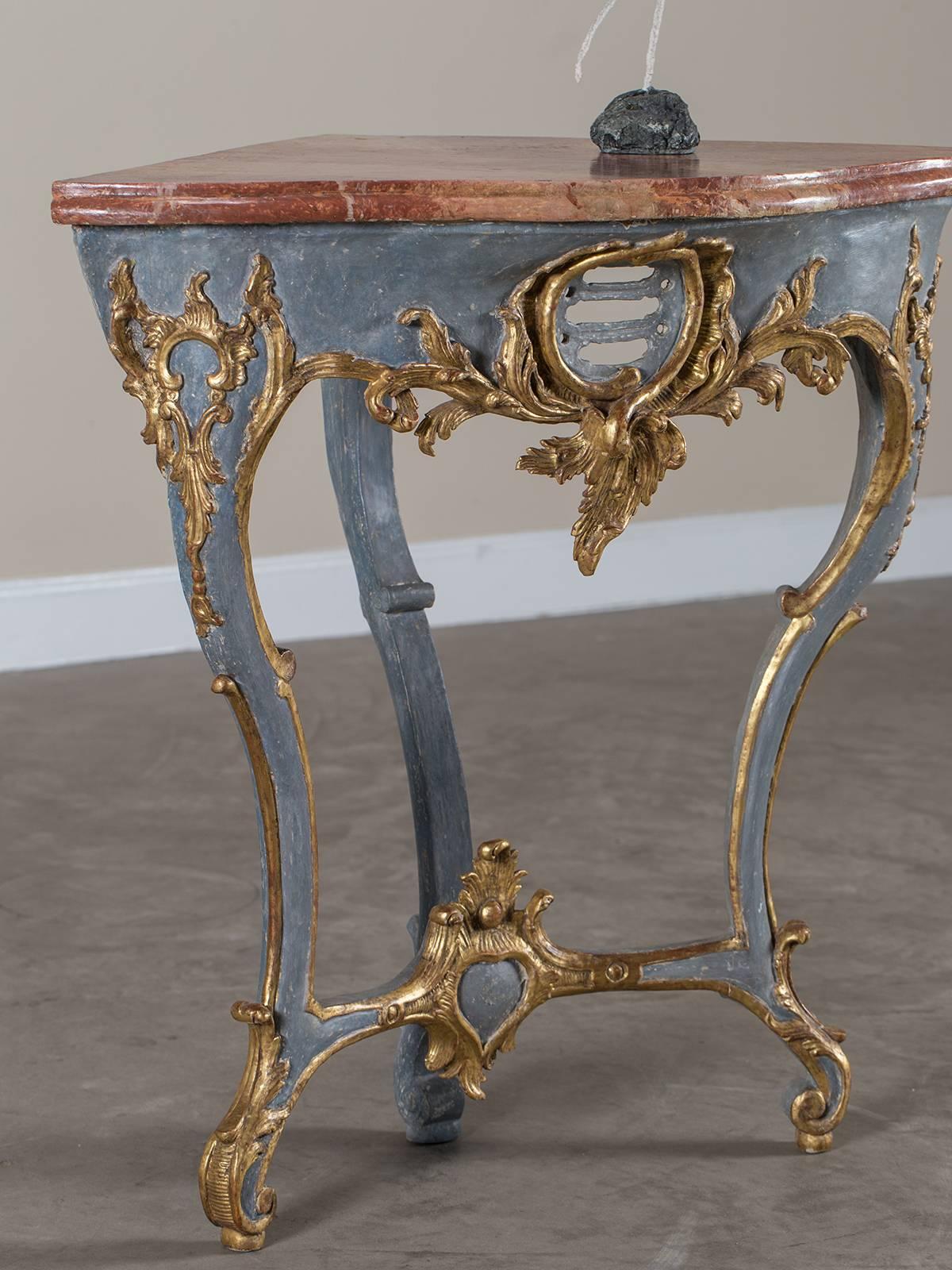 Antique Austrian Painted Gilded Corner Console Table, circa 1750 In Excellent Condition In Houston, TX