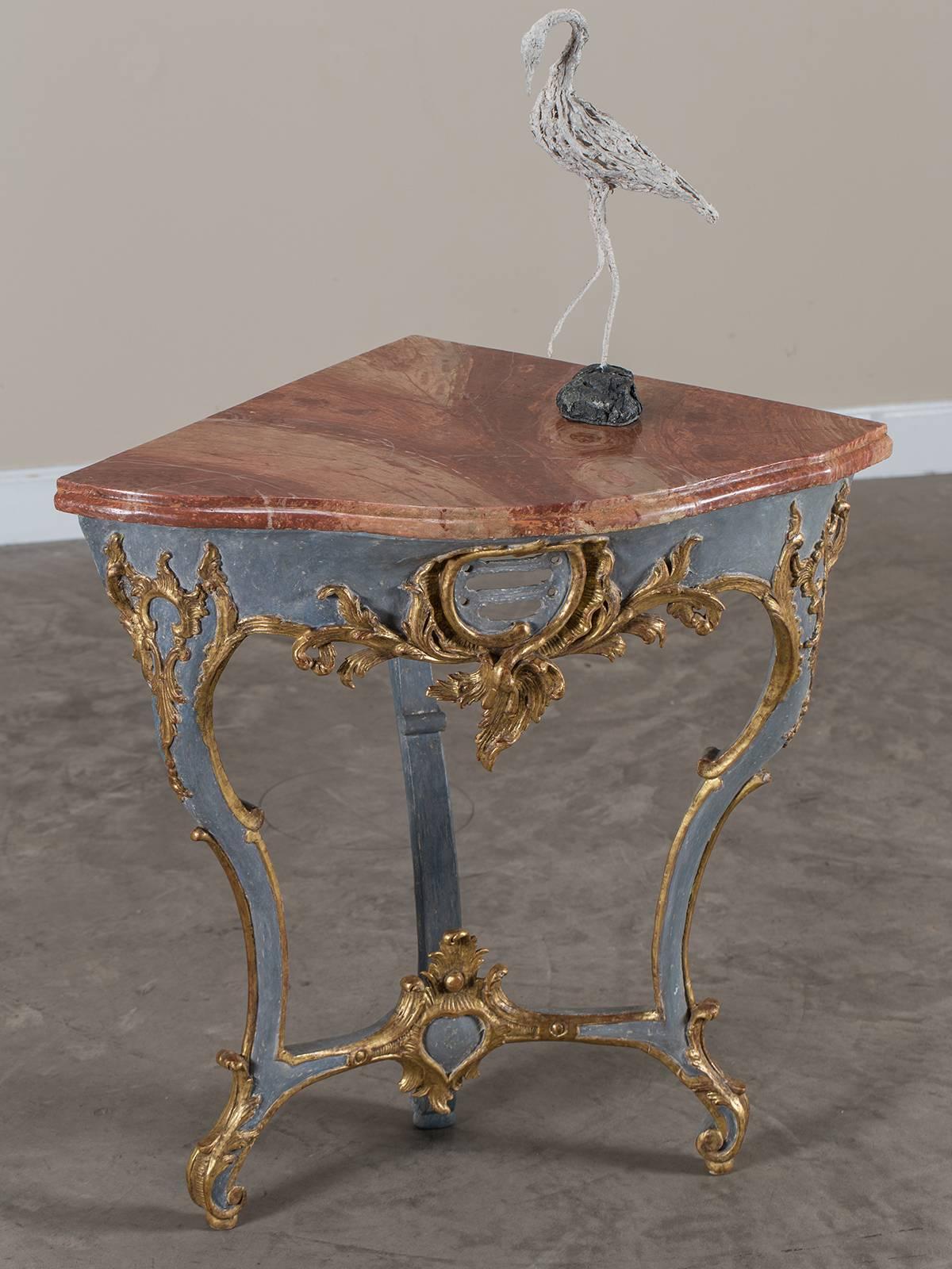 Rococo Antique Austrian Painted Gilded Corner Console Table, circa 1750