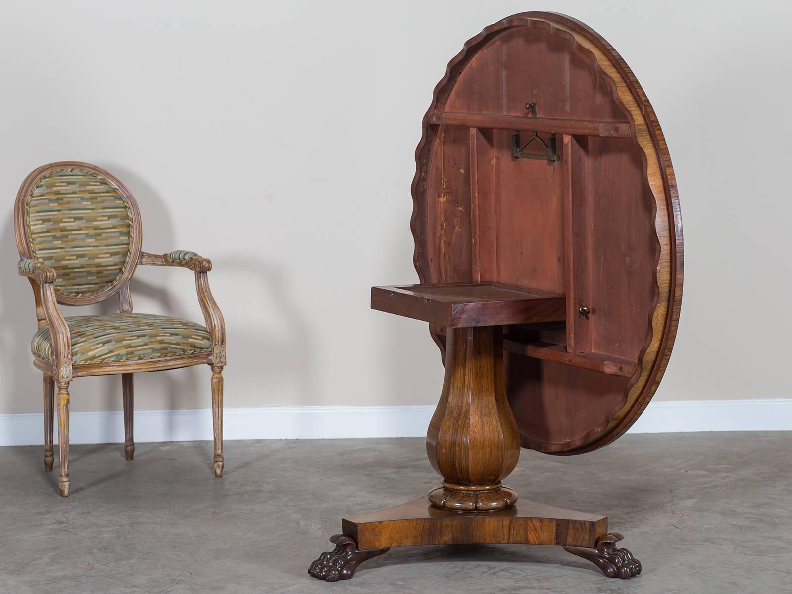 William IV Antique English Rosewood and Walnut Tilt-Top Table, circa 1835