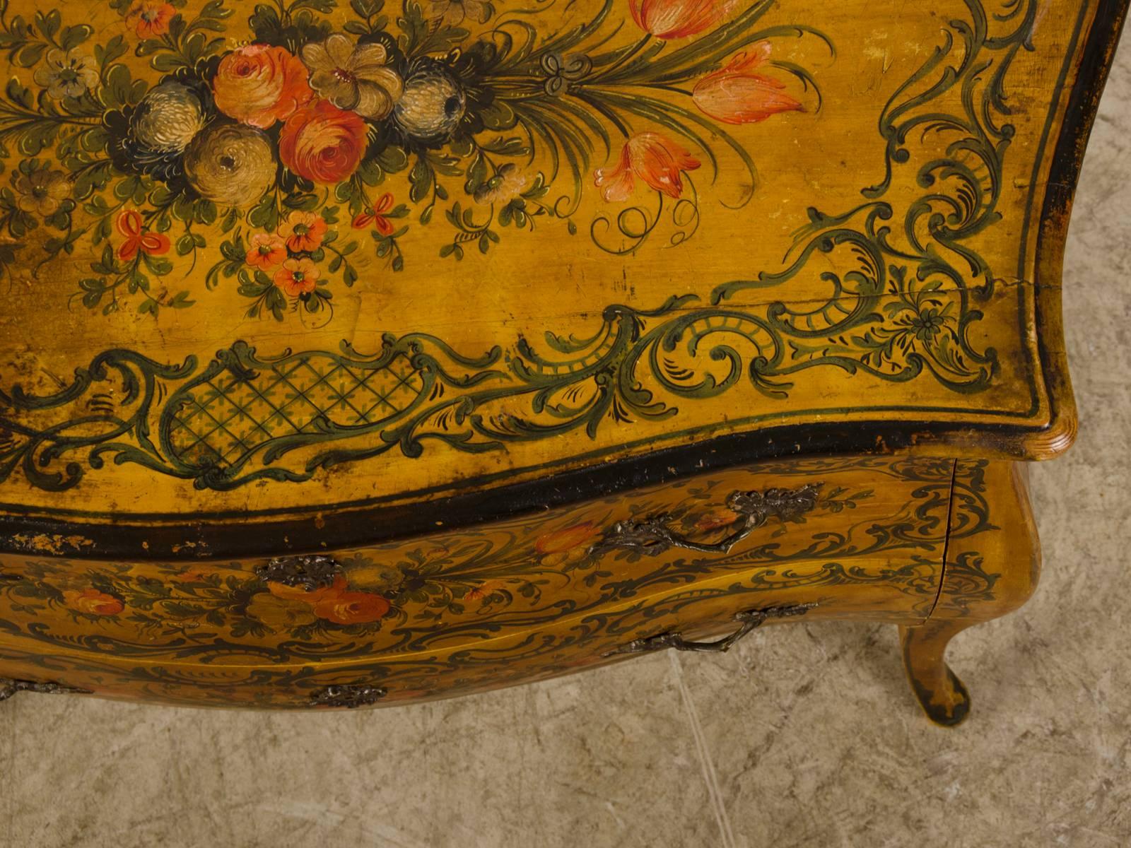 Late 19th Century French Louis XV Rococo Style Antique Painted Bombè Chest, circa 1885 For Sale