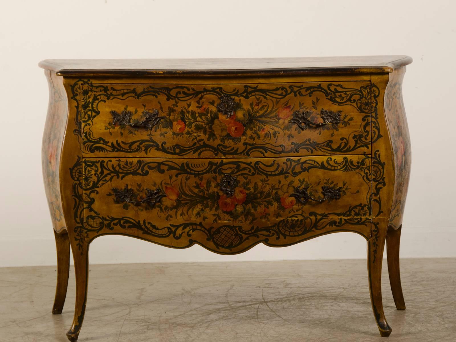 Receive our new selections direct from 1stdibs by email each week. Please click Follow Dealer below and see them first!

A lovely antique French Rococo style bombé chest of drawers, circa 1885 having the original painted floral decoration. Please