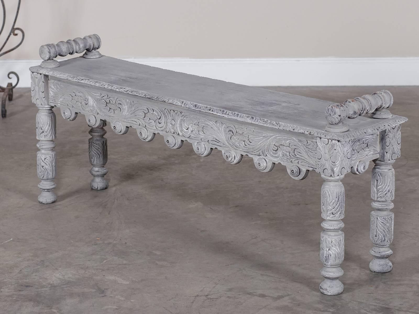 Arts and Crafts Antique English Painted Oak Hall Bench, circa 1880