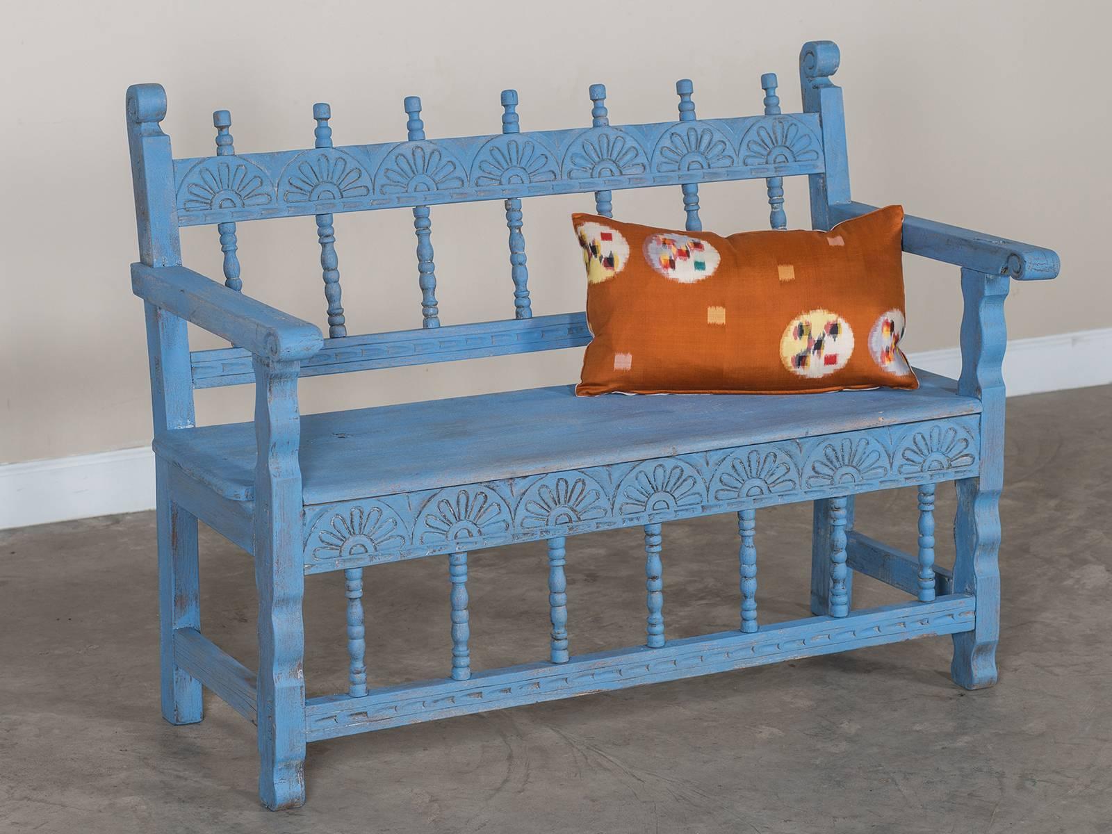Receive our new selections direct from 1stdibs by email each week. Please click Follow Dealer below and see them first!

The cheerful color and design of this antique French bench circa 1890 makes it a desirable addition to any casual space. The