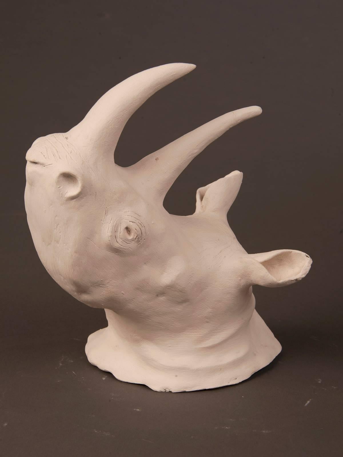Vintage French Plaster Marquette of the Head of a Rhino, circa 1960 In Excellent Condition For Sale In Houston, TX