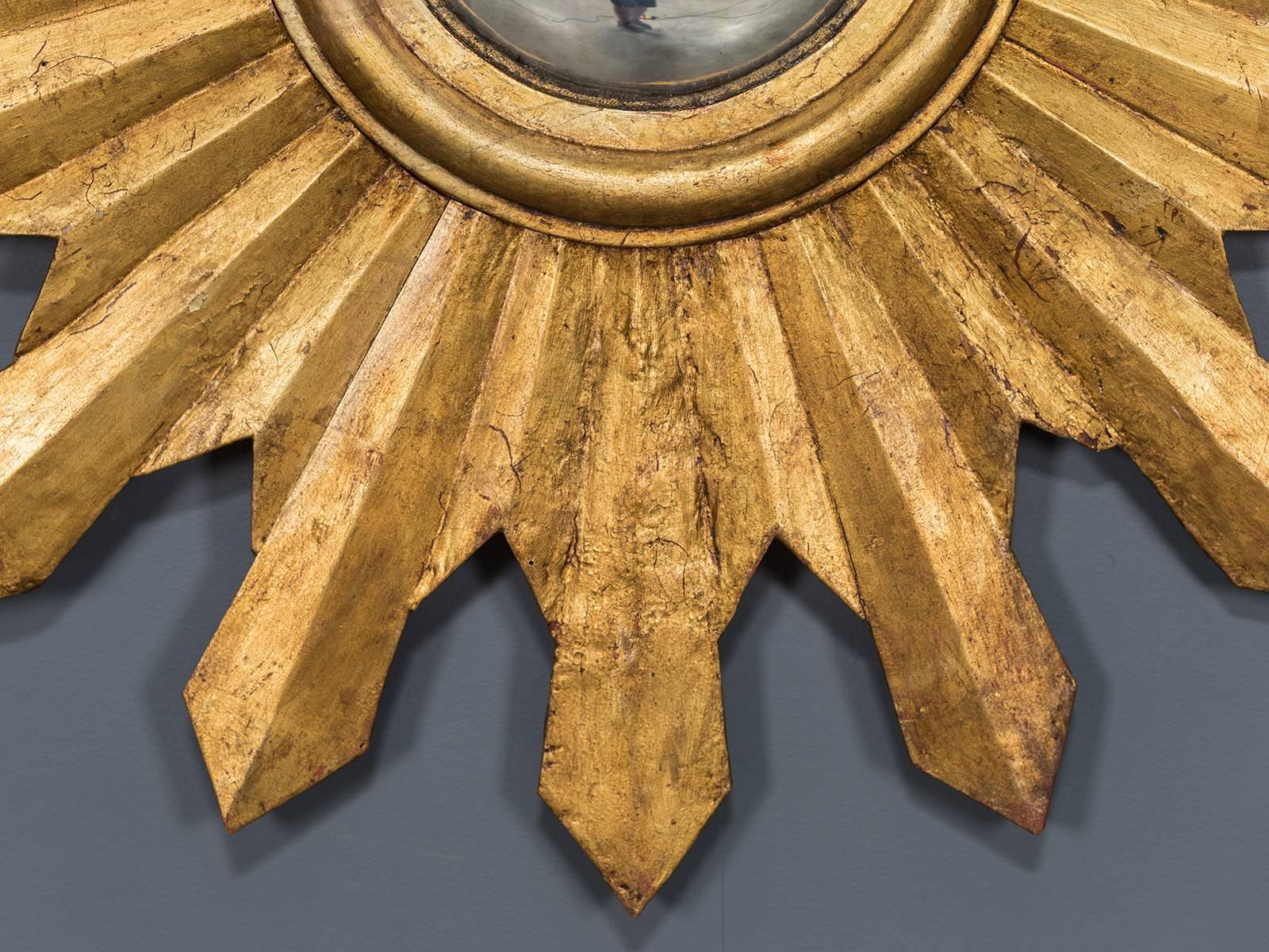 French Antique Italian Starburst Convex Gold Leaf Mirror, circa 1880
