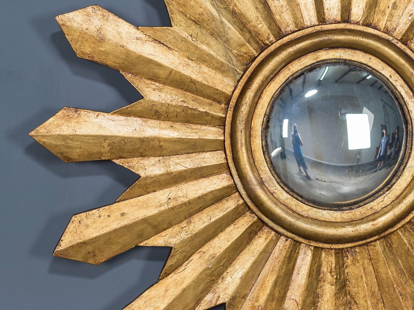 Regency Antique Italian Starburst Convex Gold Leaf Mirror, circa 1880