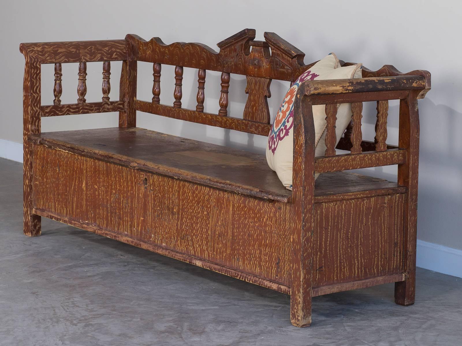 Country Hungarian Romanian Antique Painted Pine Bench, circa 1875 For Sale