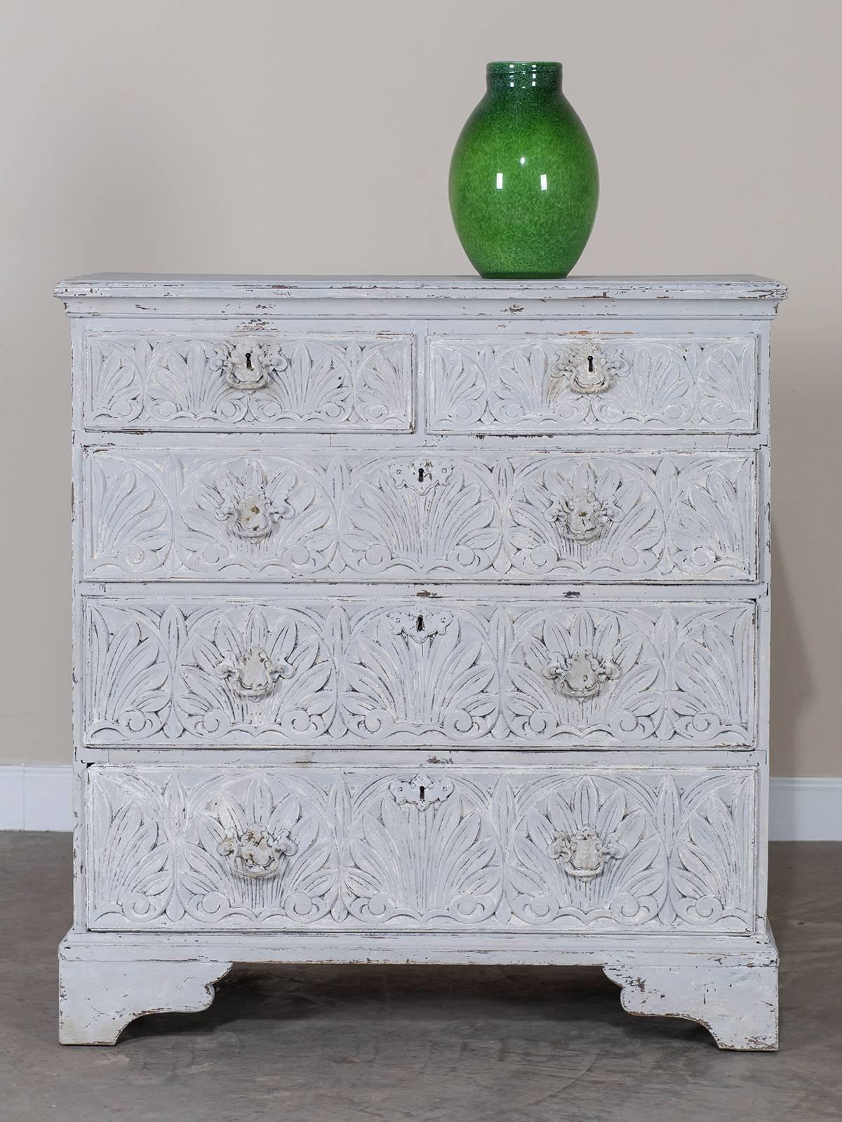 Receive our new selections direct from 1stdibs by email each week. Please click Follow Dealer below and see them first!

This antique English Jacobean oak chest chest of drawers circa 1840 has a fresh appearance due to the hand applied painted