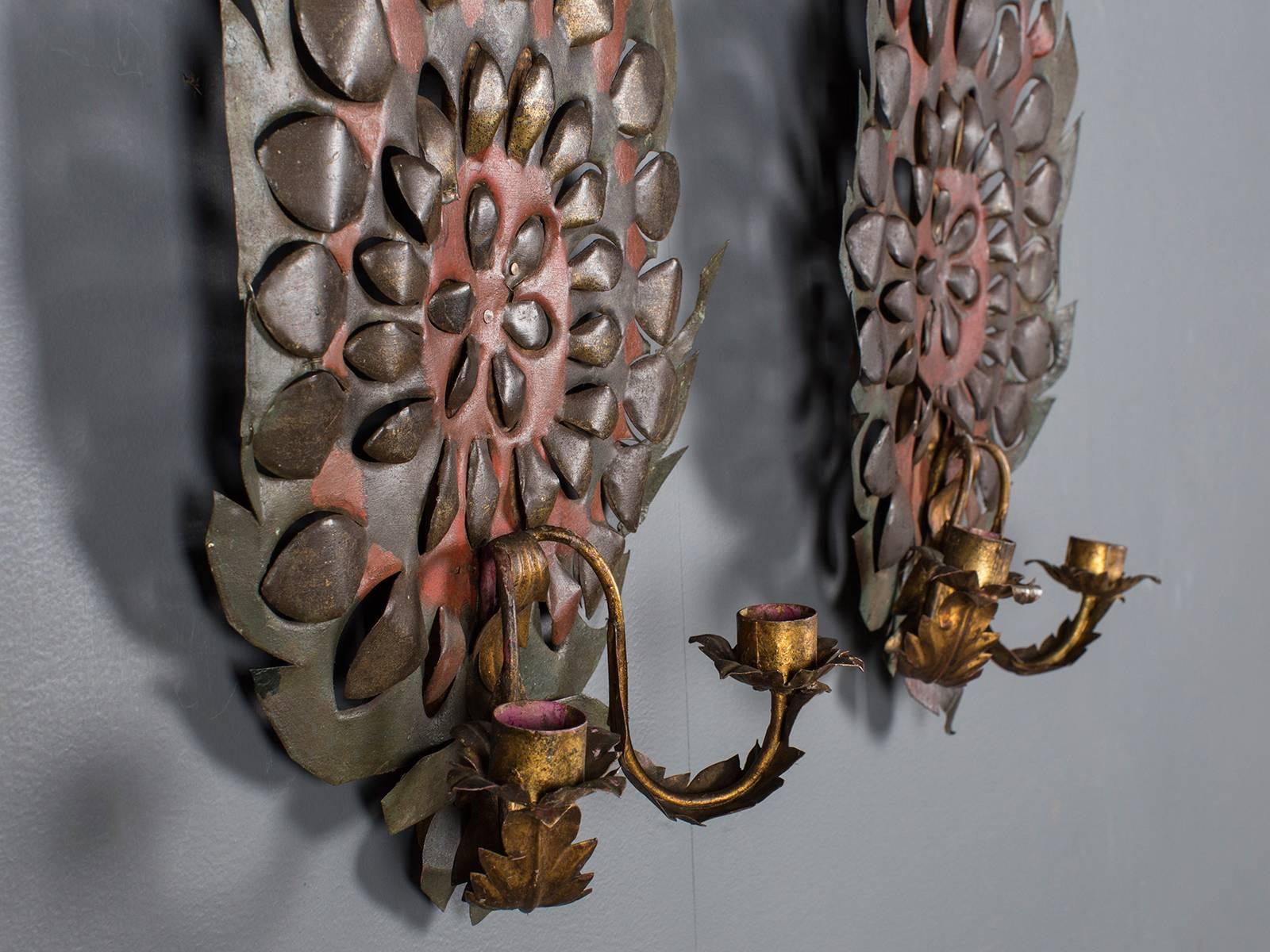 Late 19th Century Pair of Antique French Tole Two Arm Sconces, circa 1880