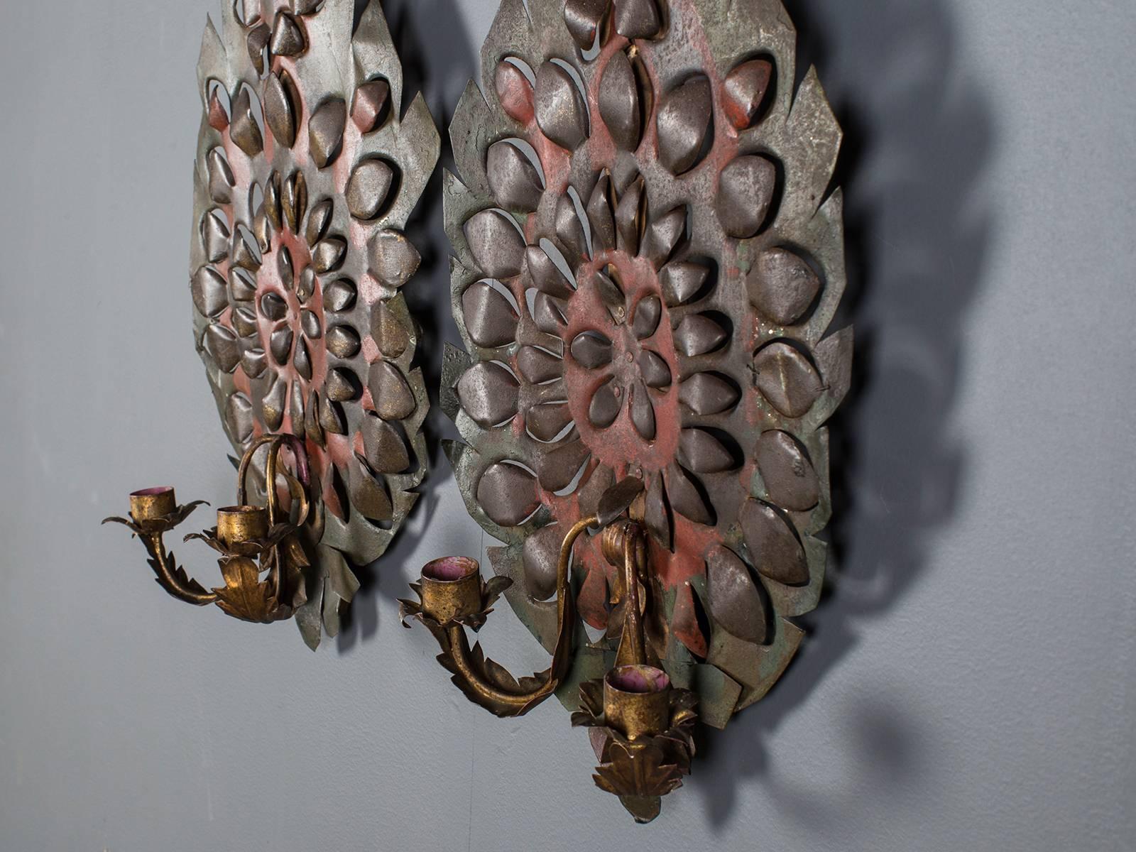 Painted Pair of Antique French Tole Two Arm Sconces, circa 1880