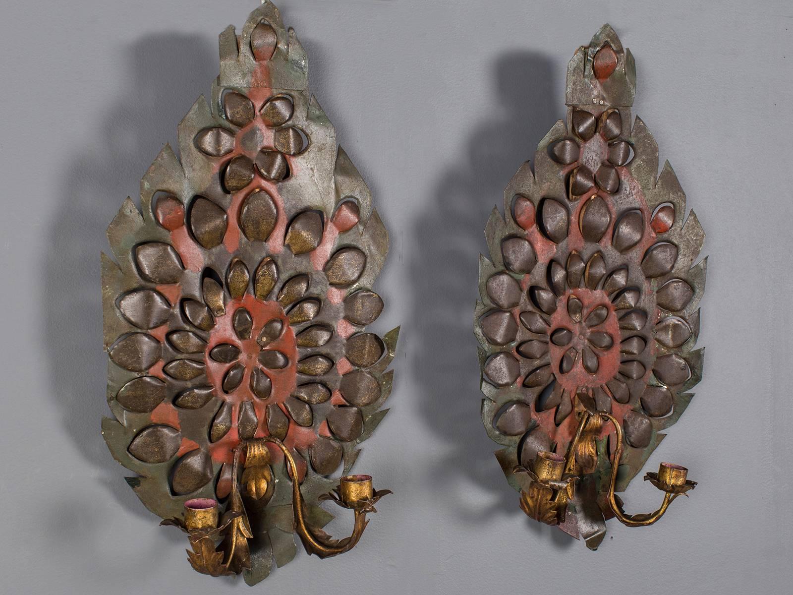 Pair of Antique French Tole Two Arm Sconces, circa 1880 In Excellent Condition In Houston, TX