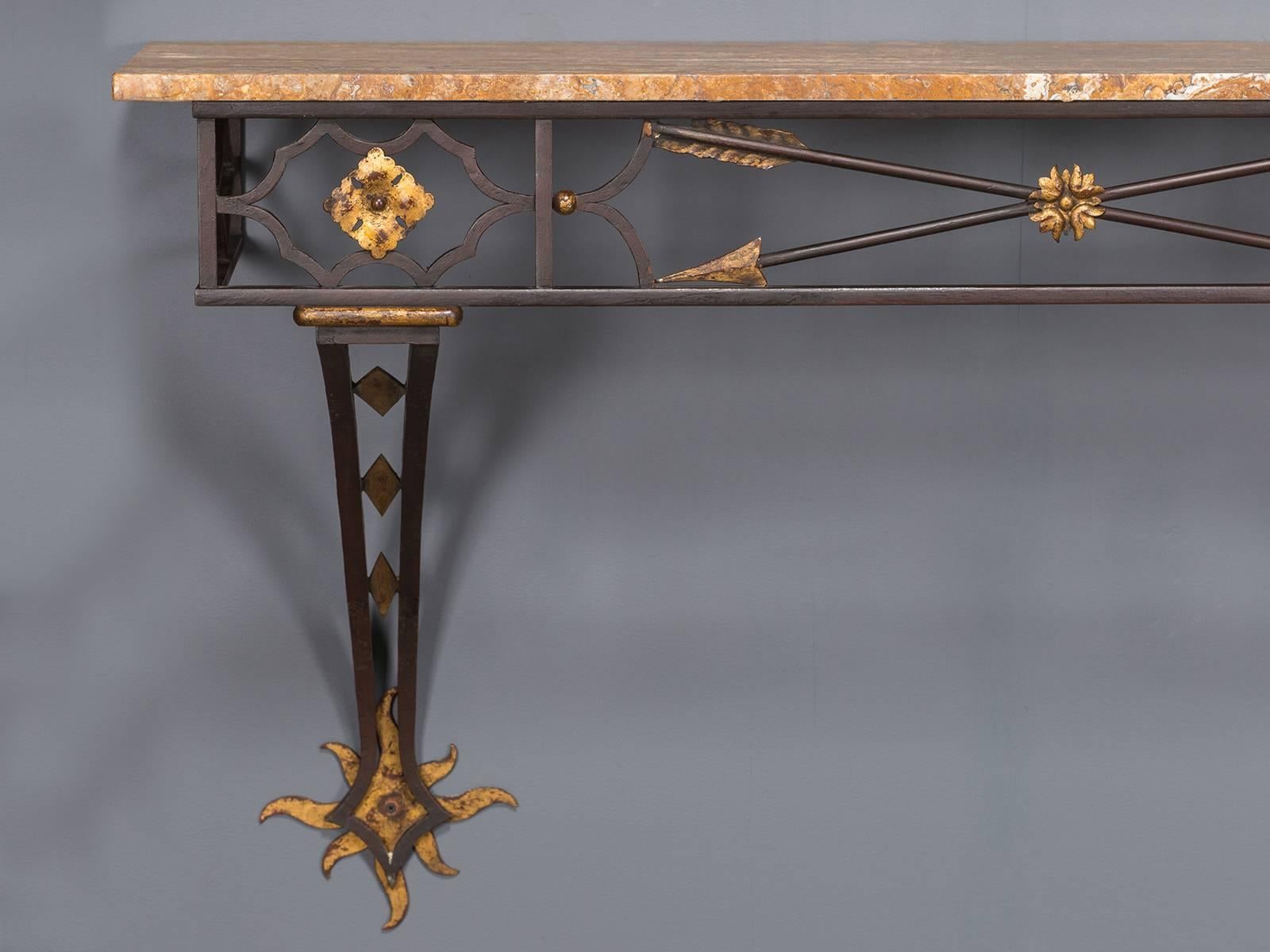 Gilt Vintage French Art Deco Gilded Iron Console Table Stone Top, circa 1930