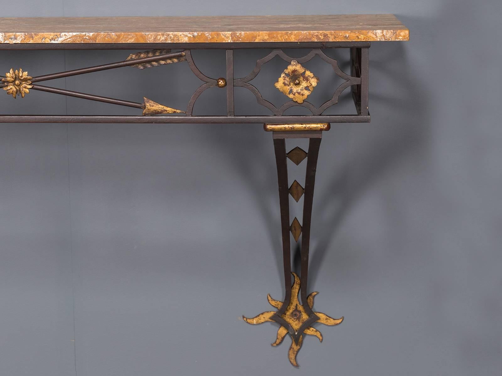 Mid-20th Century Vintage French Art Deco Gilded Iron Console Table Stone Top, circa 1930