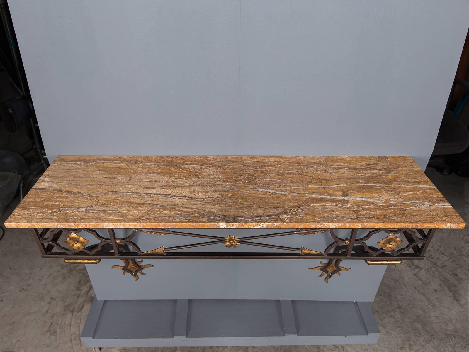 Vintage French Art Deco Gilded Iron Console Table Stone Top, circa 1930 5