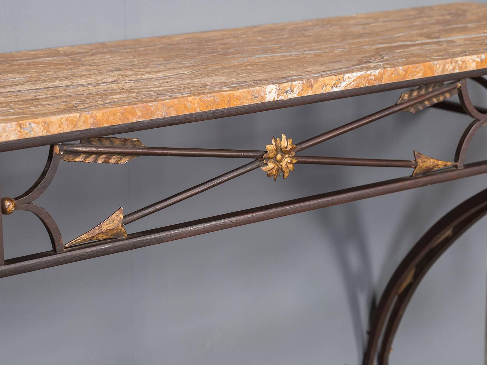 Vintage French Art Deco Gilded Iron Console Table Stone Top, circa 1930 2