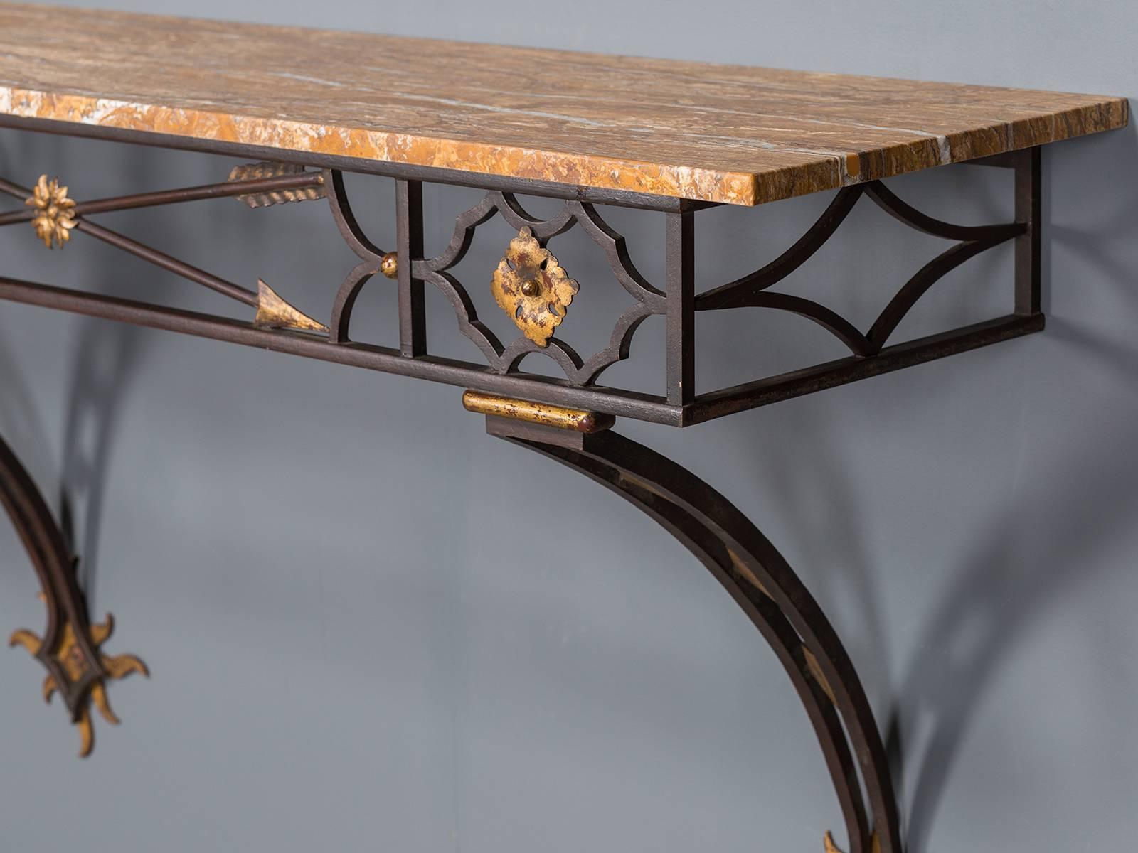 Vintage French Art Deco Gilded Iron Console Table Stone Top, circa 1930 In Excellent Condition In Houston, TX