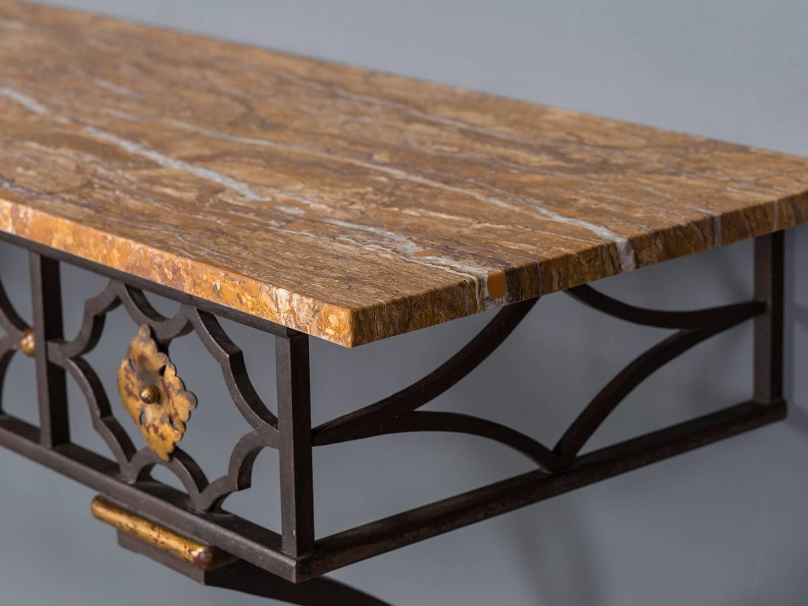 Vintage French Art Deco Gilded Iron Console Table Stone Top, circa 1930 3