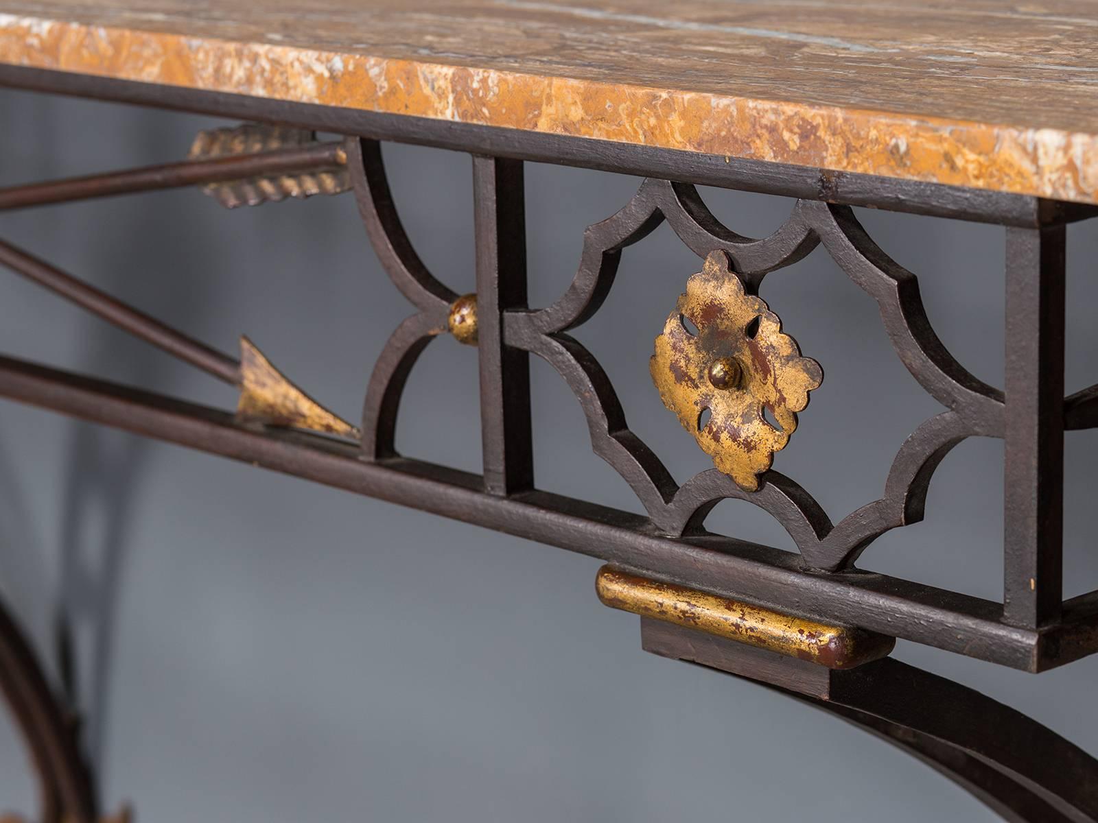 Vintage French Art Deco Gilded Iron Console Table Stone Top, circa 1930 1