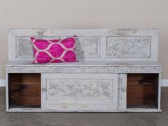 English Jacobean Style Carved and Painted Hall Settle, Sliding Storage Doors