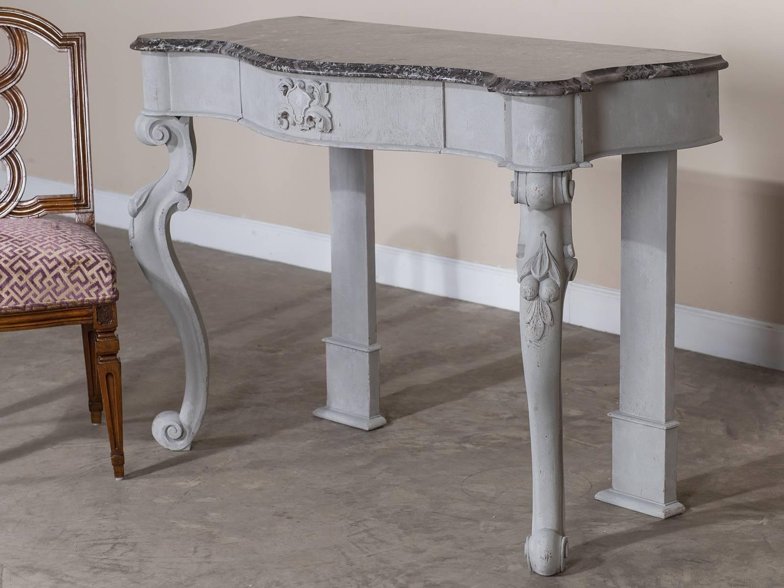 Charles II Antique English Painted Oak Console with Marble Top, circa 1850