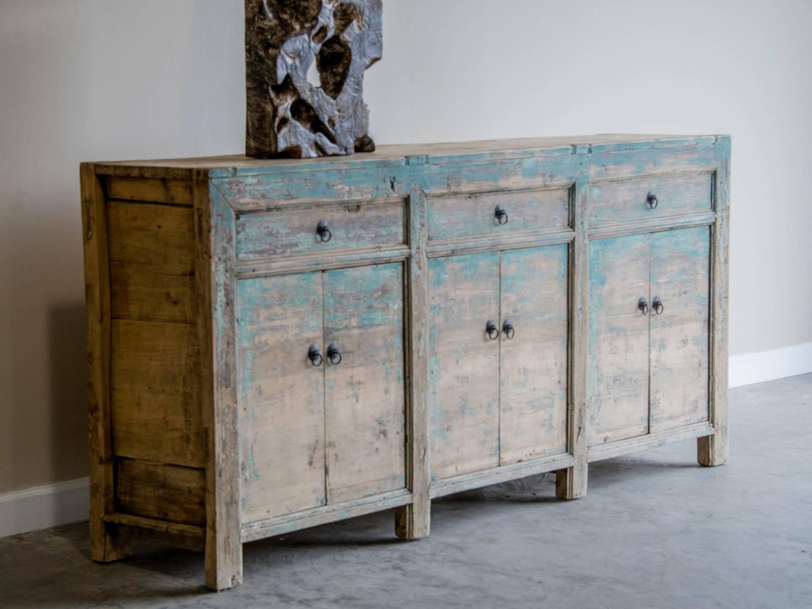 Elm Vintage Chinese Six-Door, Three-Drawer Painted Buffet, circa 1900