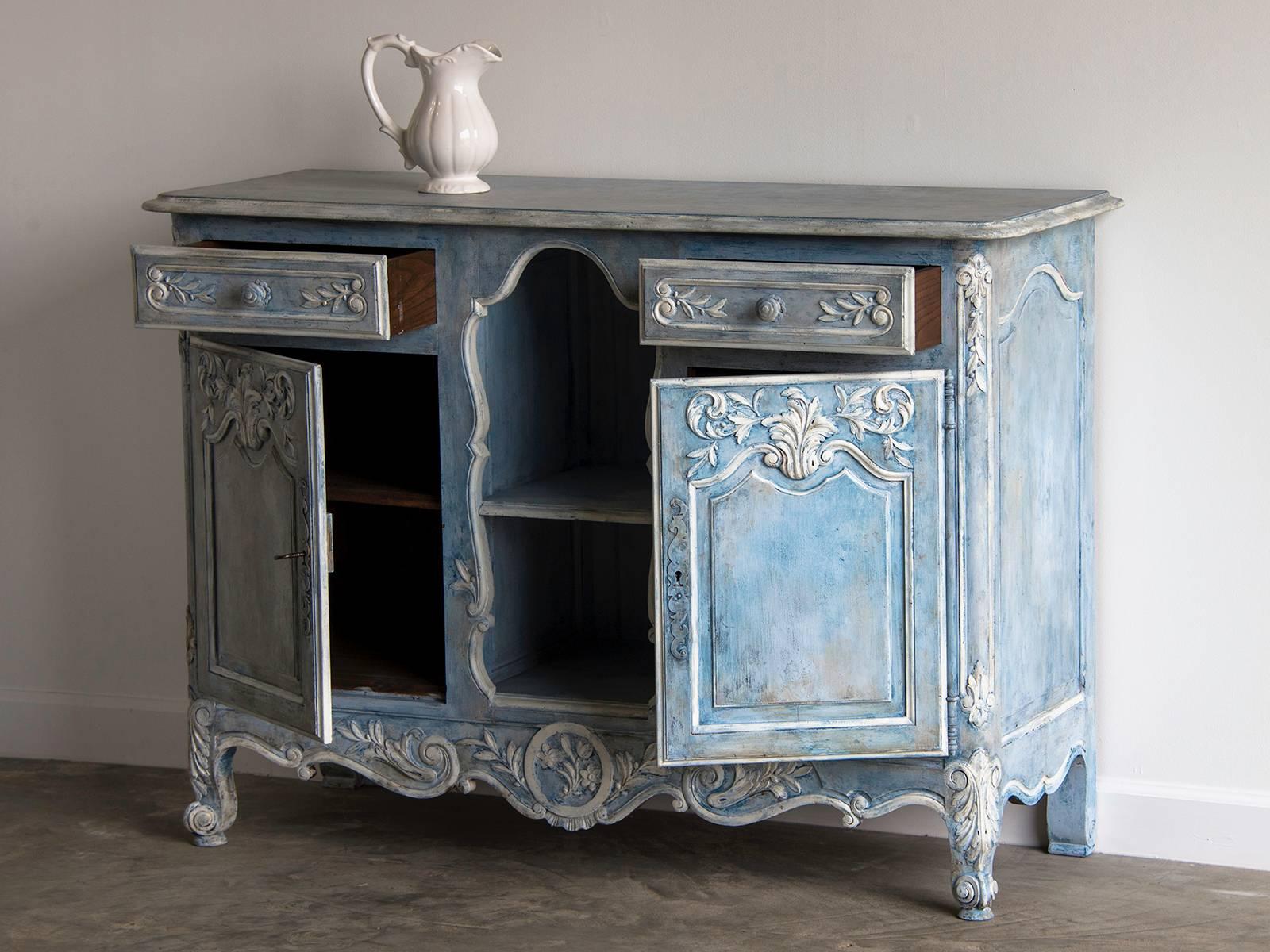 Receive our new selections direct from 1stdibs by email each week. Please click Follow Dealer below and see them first!

This beautiful antique French Louis XV style painted buffet, circa 1900 has a unique arrangement of open and closed display