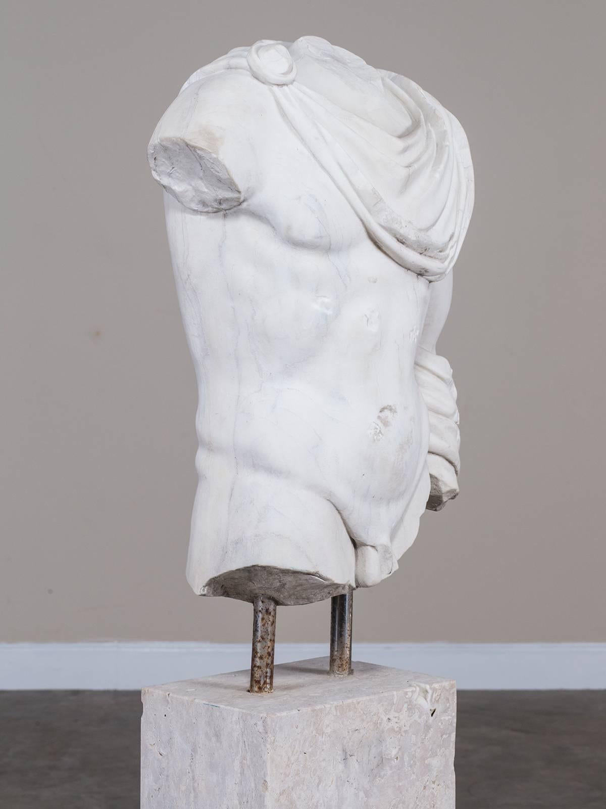 Vintage Italian Marble Torso of a Youth Mounted on a Marble Base, circa 2000 In Excellent Condition In Houston, TX