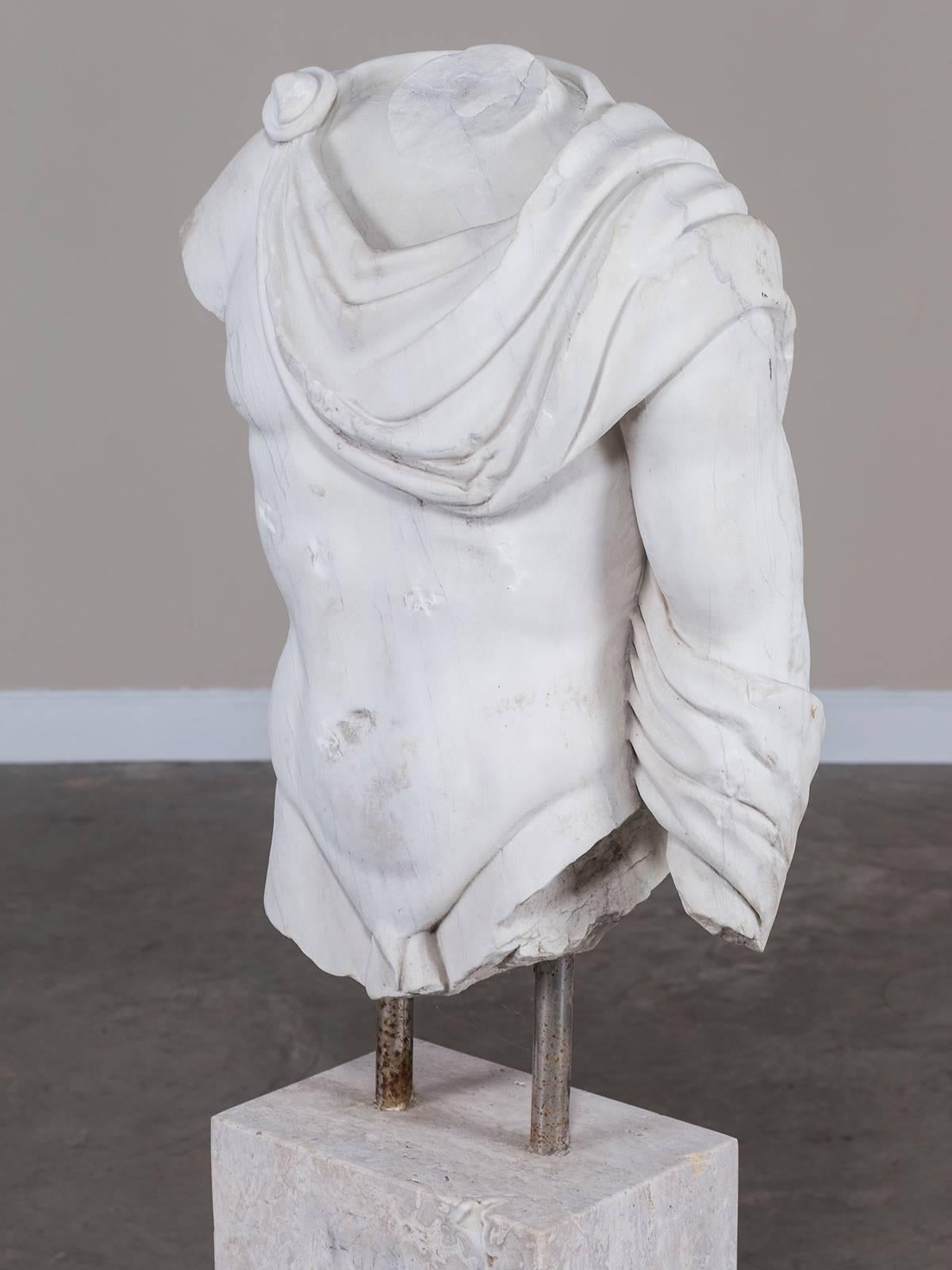 Classical Roman Vintage Italian Marble Torso of a Youth Mounted on a Marble Base, circa 2000