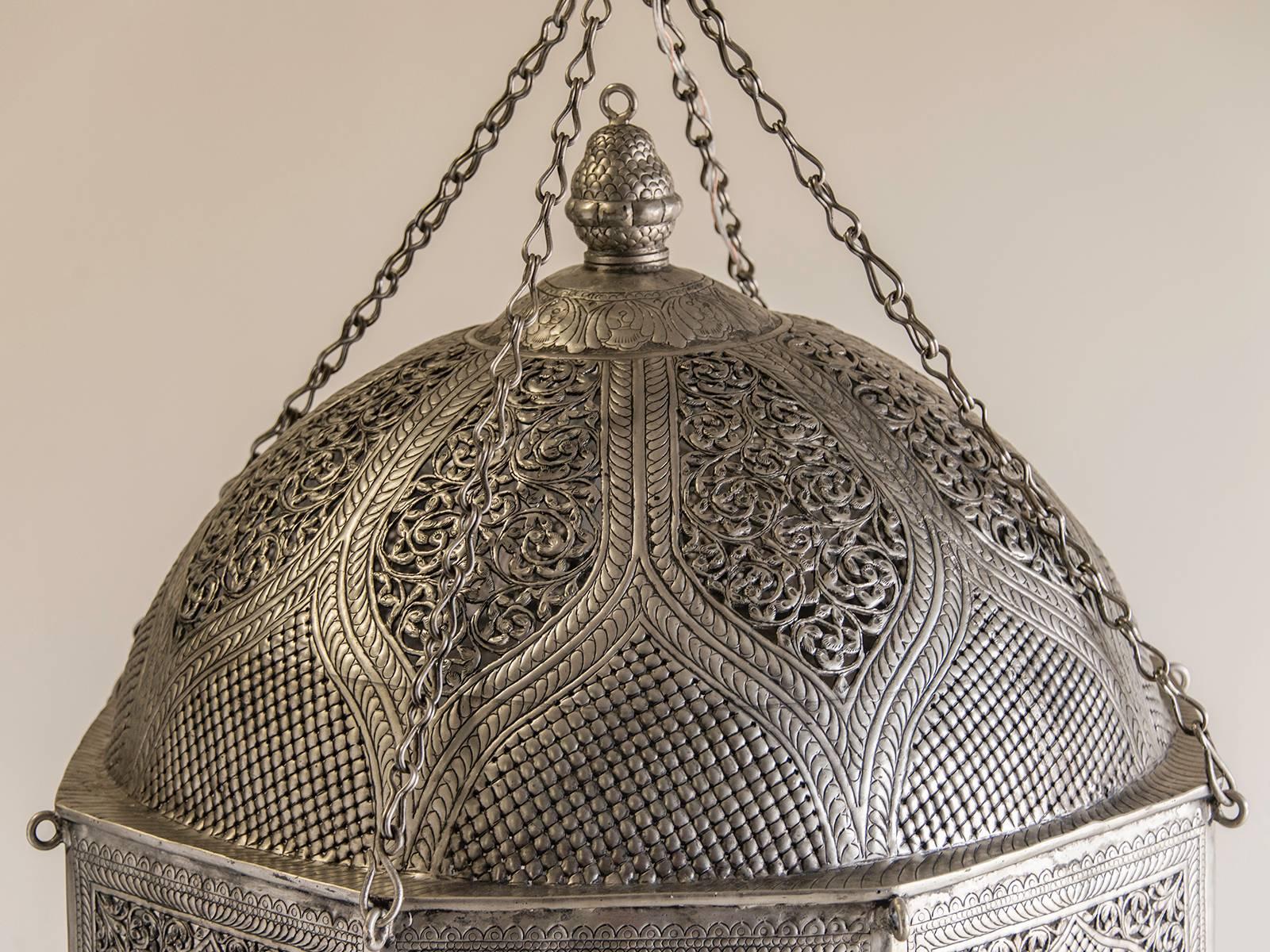 Receive our new selections direct from 1stdibs by email each week. Please click follow dealer below and see them first!

This enormous Indian lantern has six sides topped by a dome and is suspended from chains. The pattern is one of open work