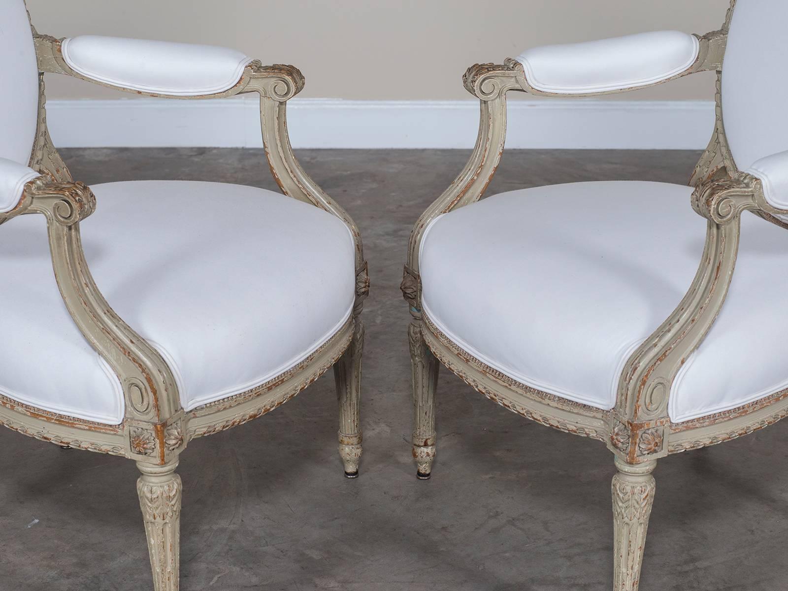 Early 19th Century Pair of Antique French Louis XVI Style Painted Armchairs, circa 1880