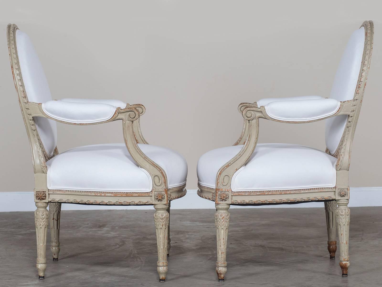 Pair of Antique French Louis XVI Style Painted Armchairs, circa 1880 2