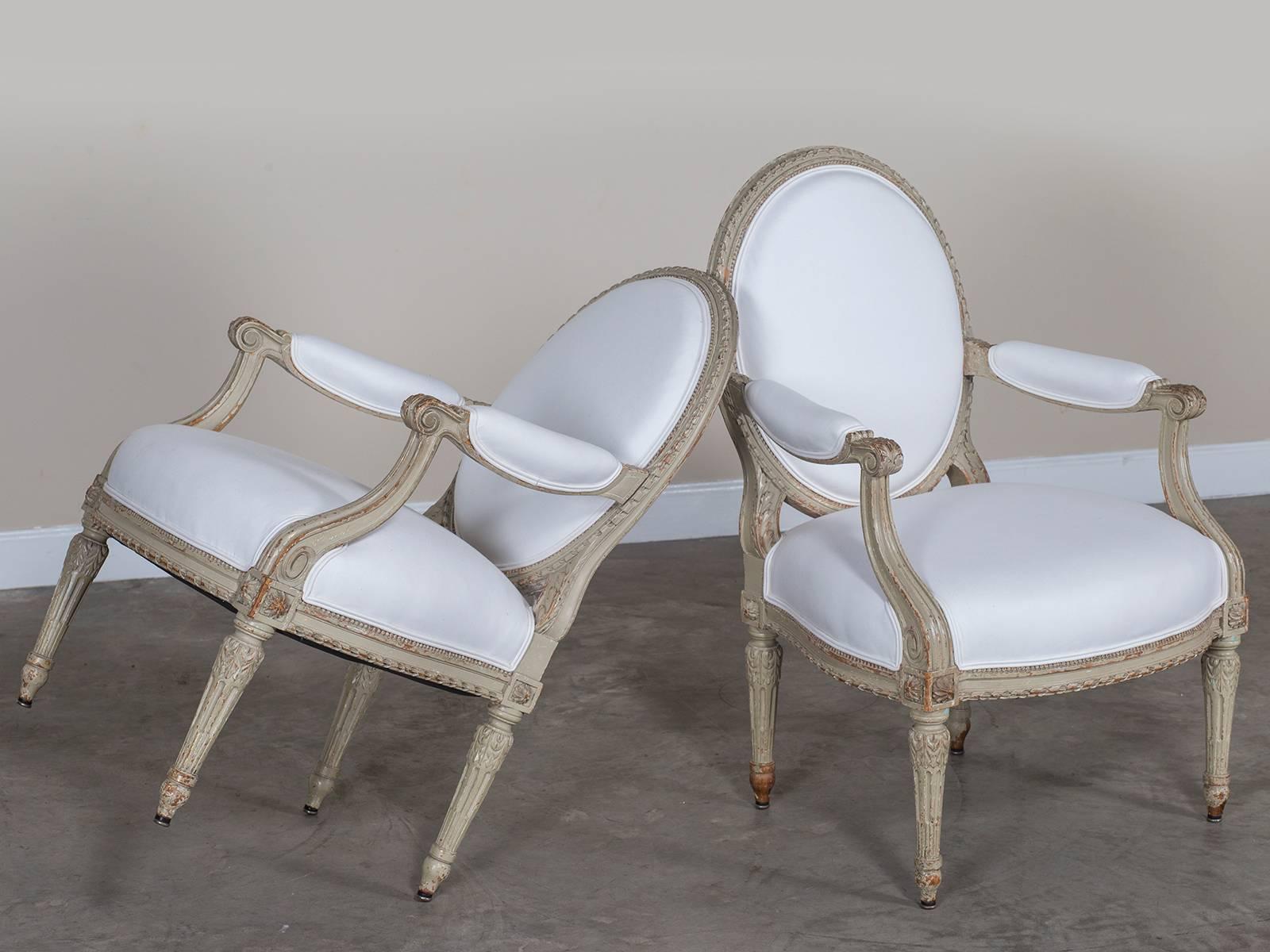 Receive our new selections direct from 1stdibs by email each week. Please click follow dealer below and see them first!

These beautiful antique French Louis XVI style painted armchairs, circa 1880 are marvelously comfortable. The elegant lines of
