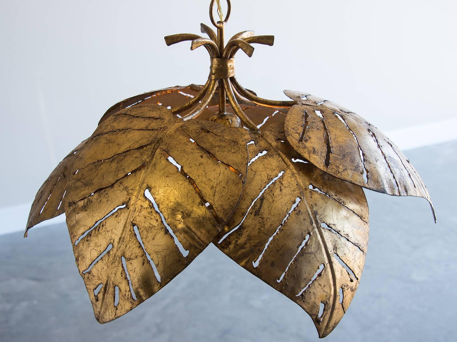 Mid-20th Century Vintage French Gilded Mid-Century Palm Leaf Chandelier, circa 1960
