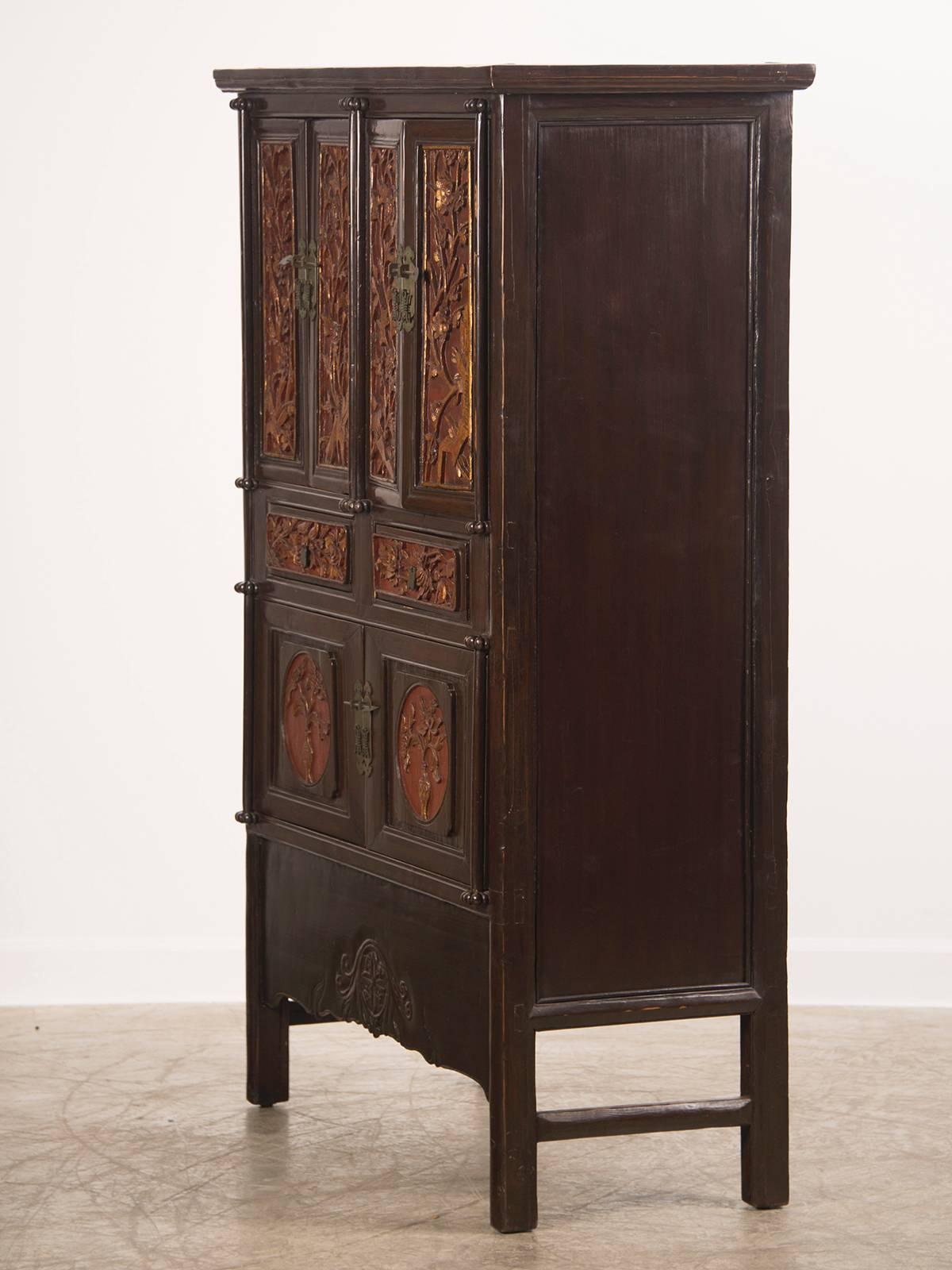 Antique Chinese Scholar's Cabinet, Original Carved Lacquer and Gilt, circa 1875 In Excellent Condition For Sale In Houston, TX