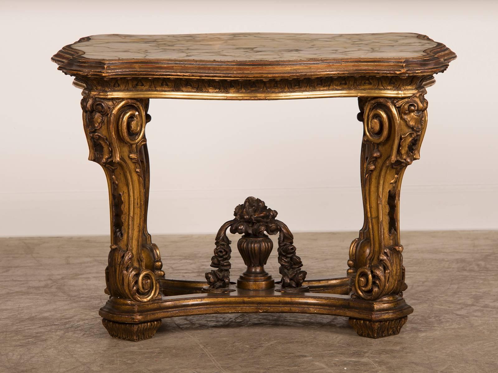 Marble Antique Italian Gilded Wood Table from the Belle Epoque Period, circa 1890