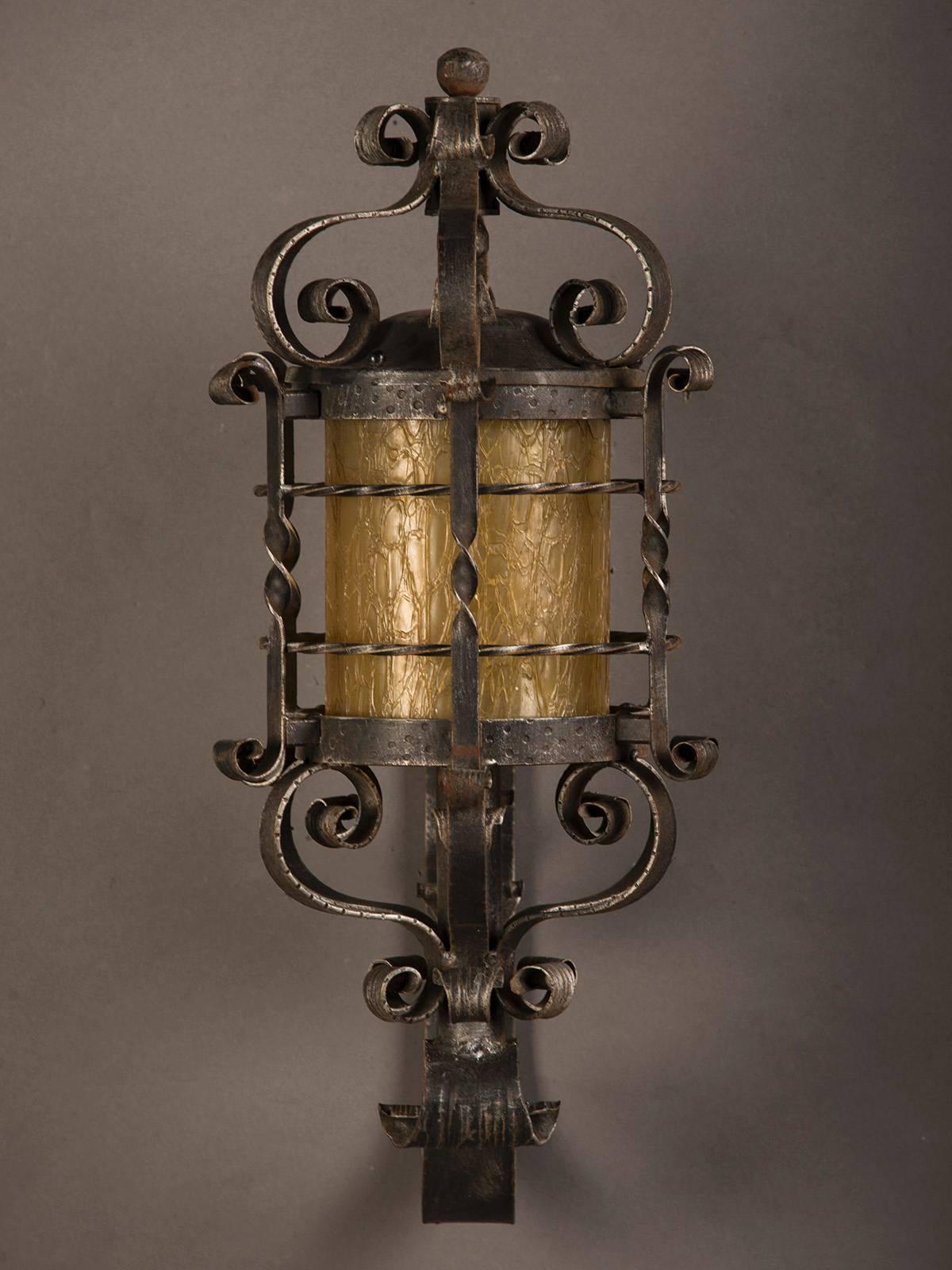 Gothic Revival Vintage French Forged Iron Wall Lantern, Glass Shade, circa 1940