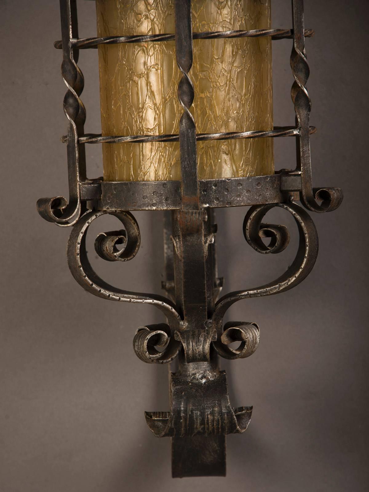 Vintage French Forged Iron Wall Lantern, Glass Shade, circa 1940 1