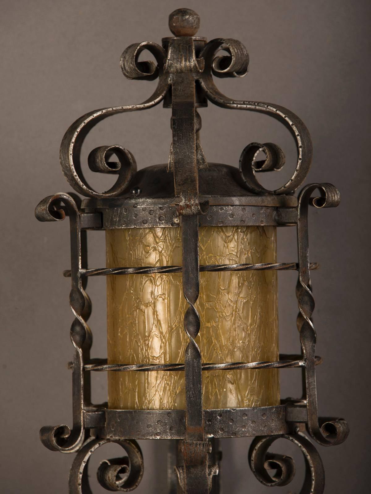 Mid-20th Century Vintage French Forged Iron Wall Lantern, Glass Shade, circa 1940