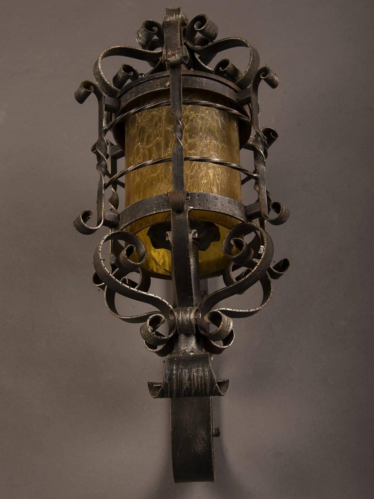 Vintage French Forged Iron Wall Lantern, Glass Shade, circa 1940 2