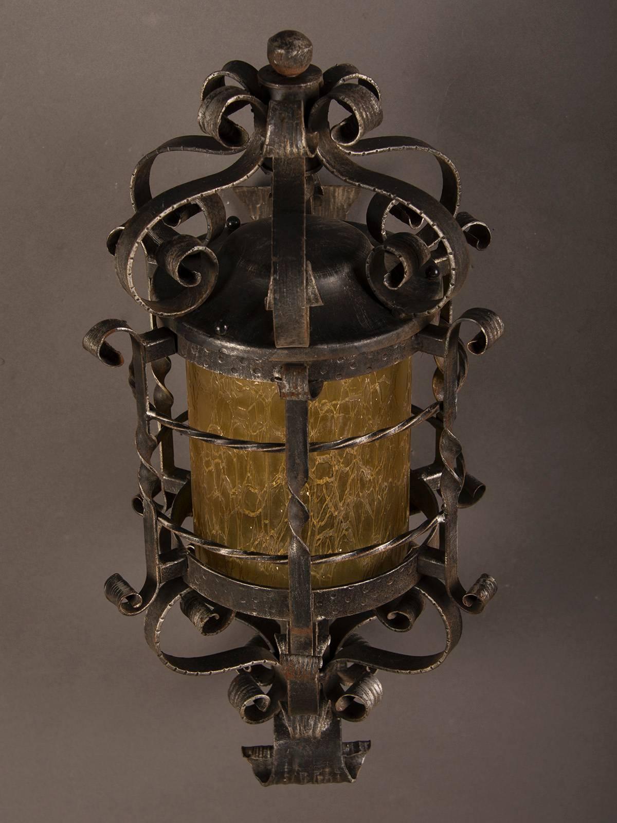 Vintage French Forged Iron Wall Lantern, Glass Shade, circa 1940 In Excellent Condition In Houston, TX