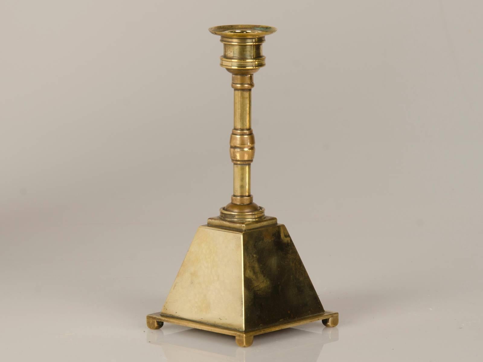 Late 19th Century Pair of English Arts and Crafts Perios Brass Candlesticks, circa 1885