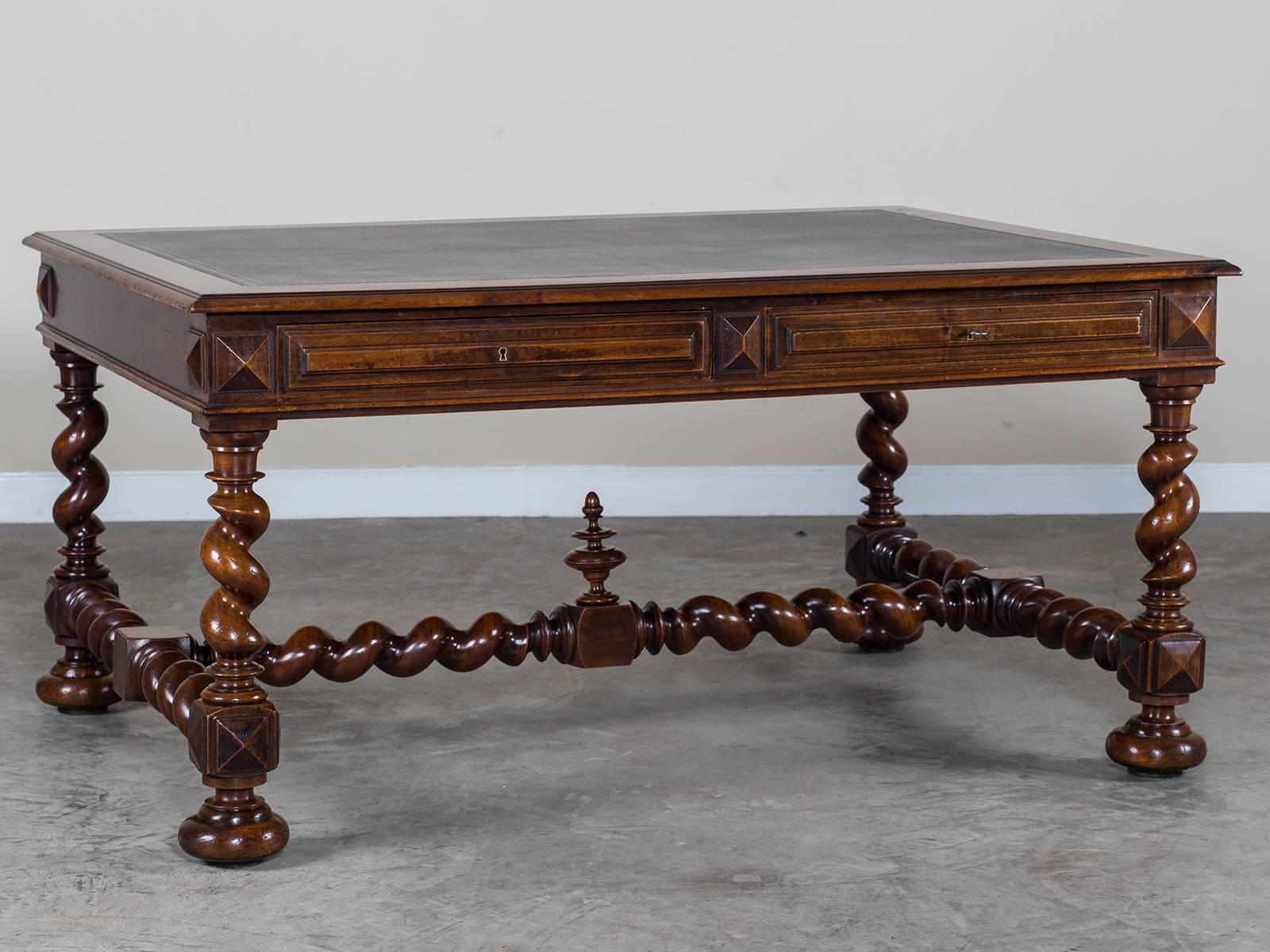 Leather Antique French Henri II Walnut Partners Table Desk, circa 1880