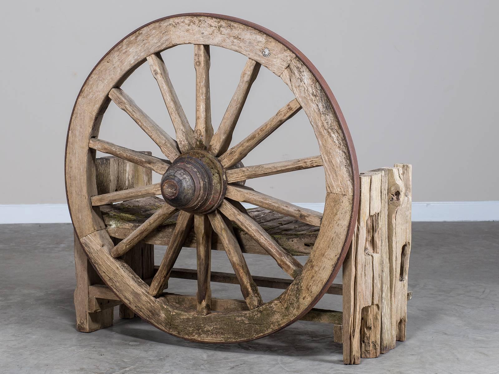 Wood French Wagon Wheel Large Garden Bench, circa 1880