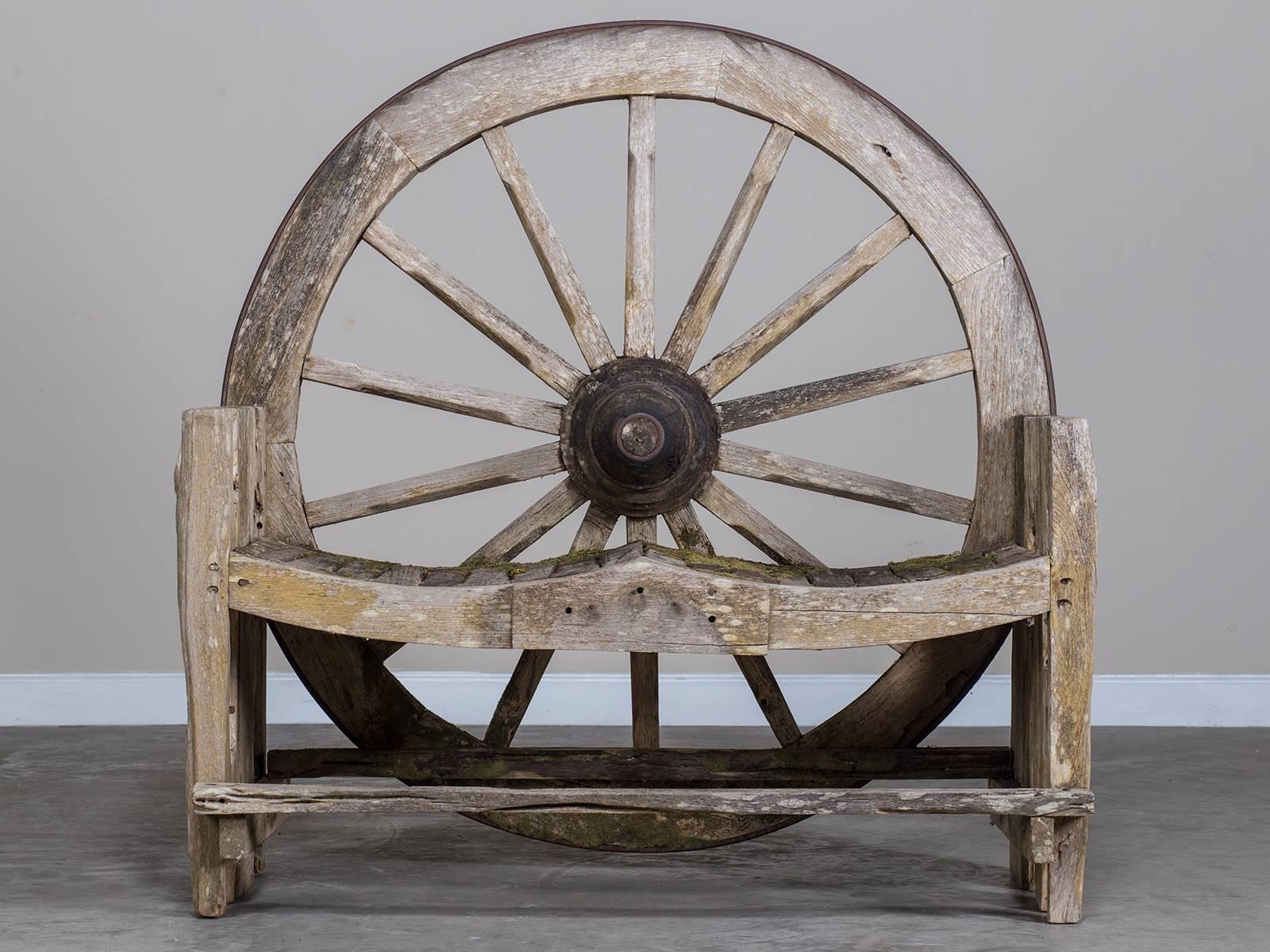 Folk Art French Wagon Wheel Large Garden Bench, circa 1880