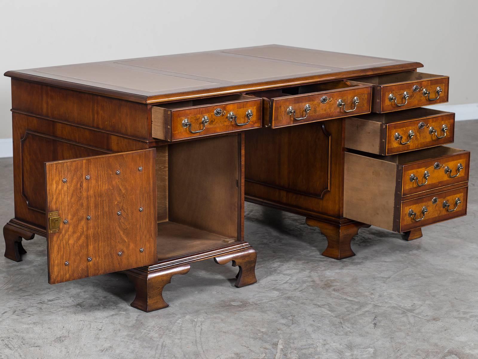 George III Style Burl Walnut Partners Desk Handmade in England For Sale 1