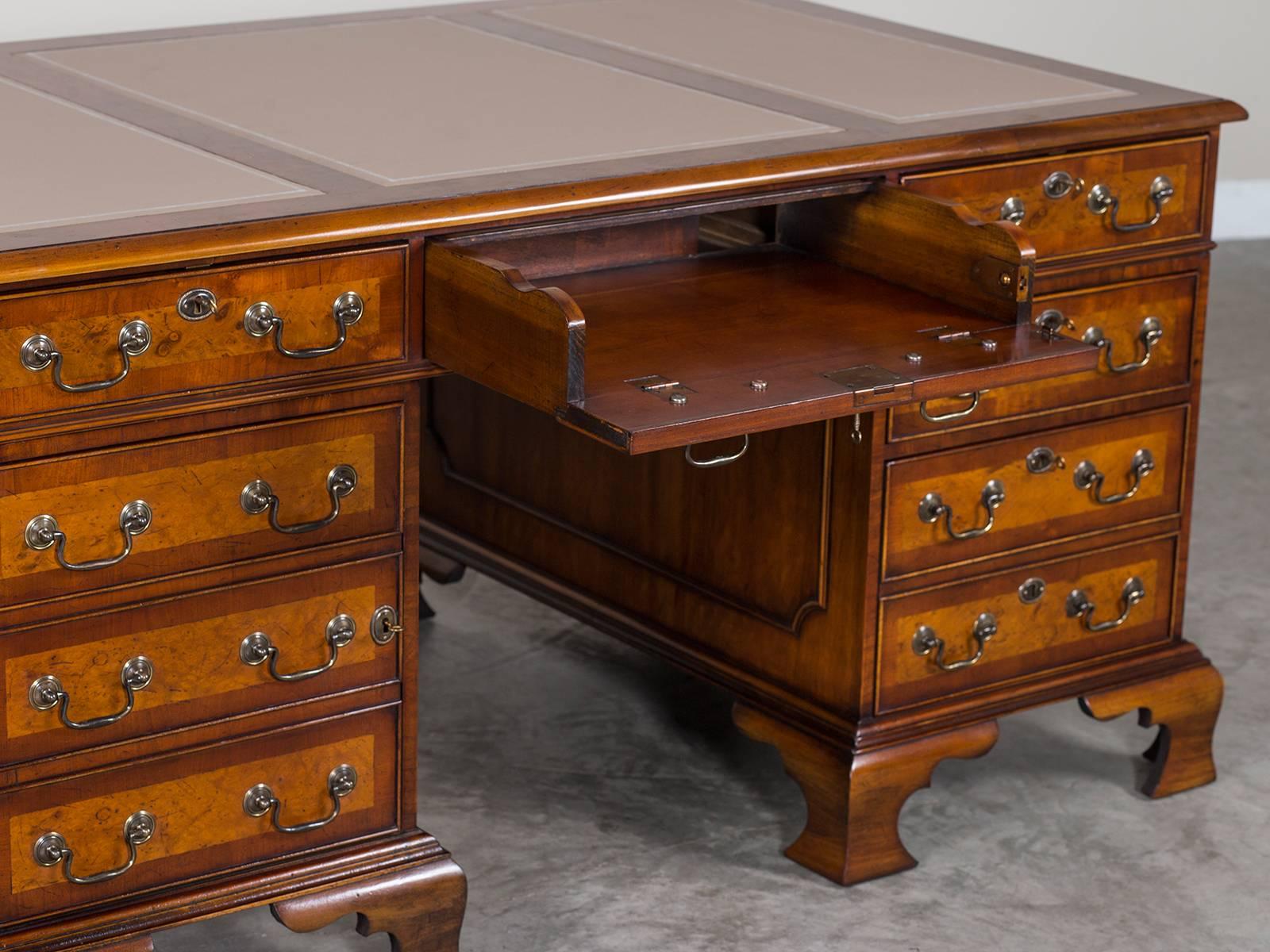 Contemporary George III Style Burl Walnut Partners Desk Handmade in England For Sale