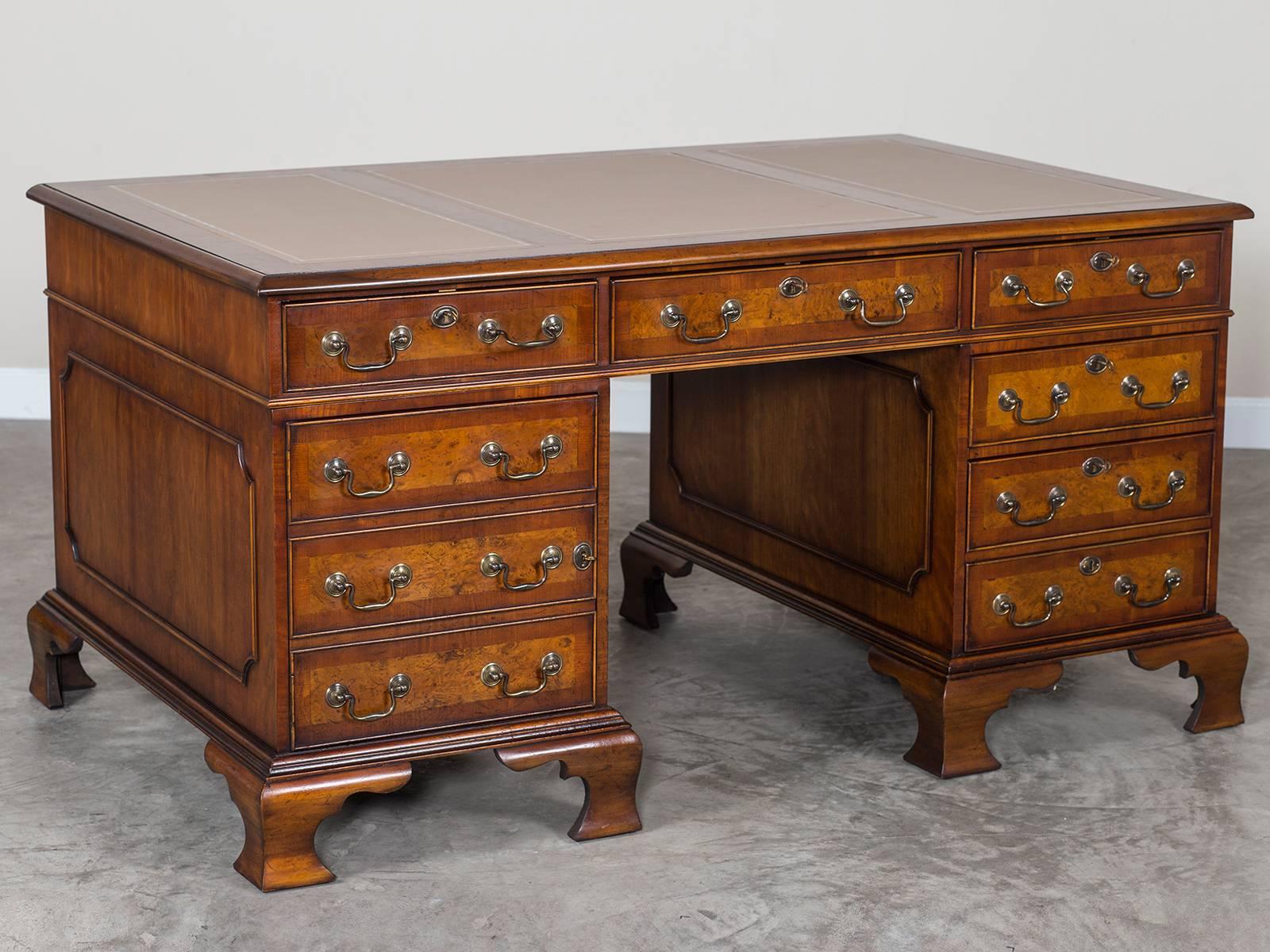 George III Style Burl Walnut Partners Desk Handmade in England In Excellent Condition For Sale In Houston, TX