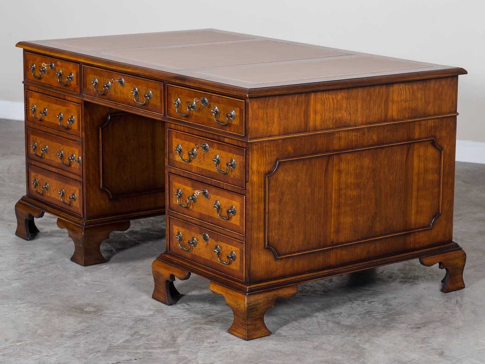 George III Style Burl Walnut Partners Desk Handmade in England For Sale 3